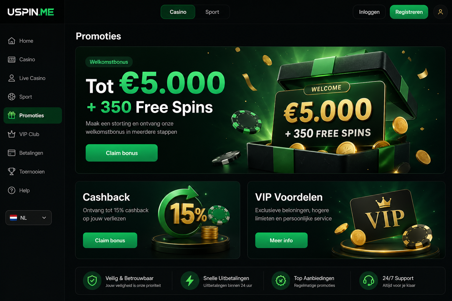 Uspin bonusscherm met welkomstbonus, cashback en VIP-voordelen