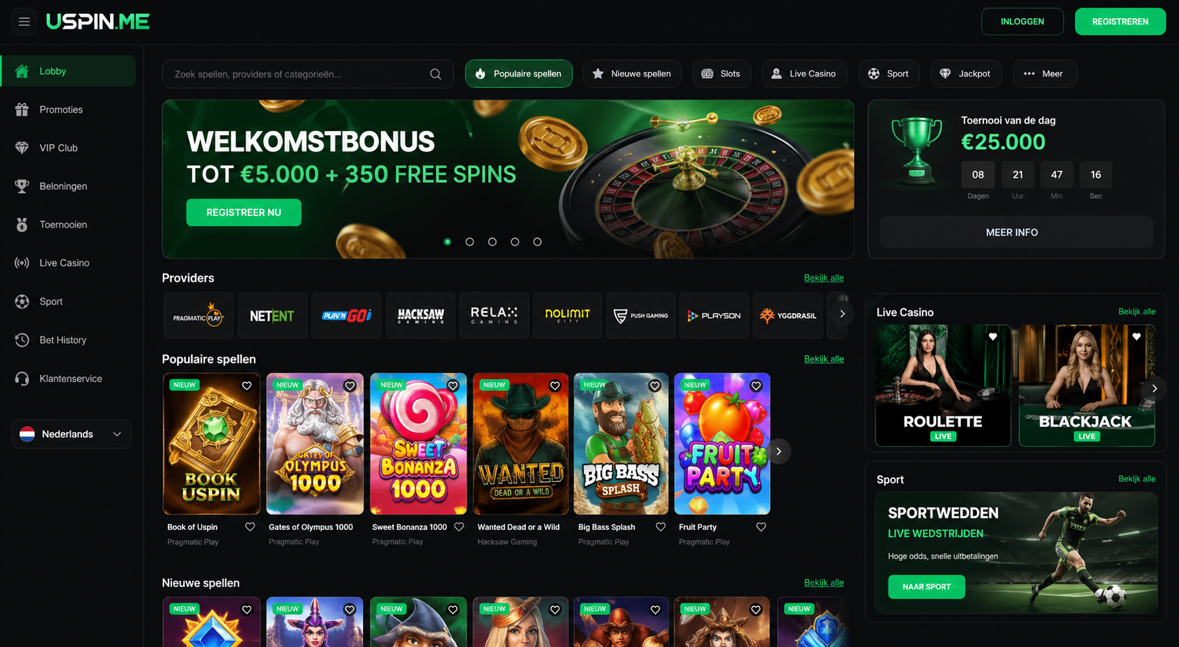 Uspin lobby met populaire spellen, live casino en sportcategorieën