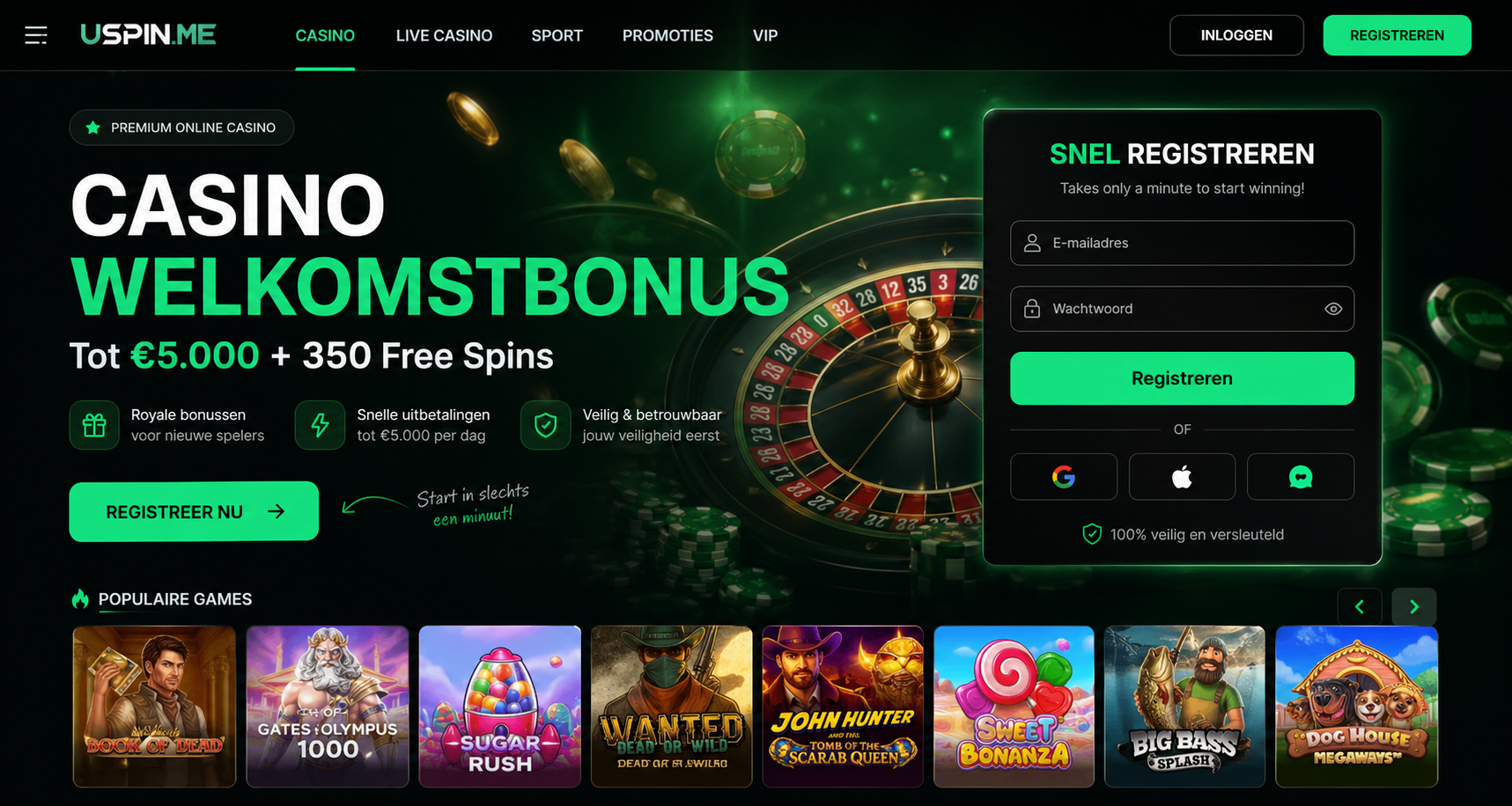 Uspin-promobanner met casino welkomstbonus en registratiepaneel