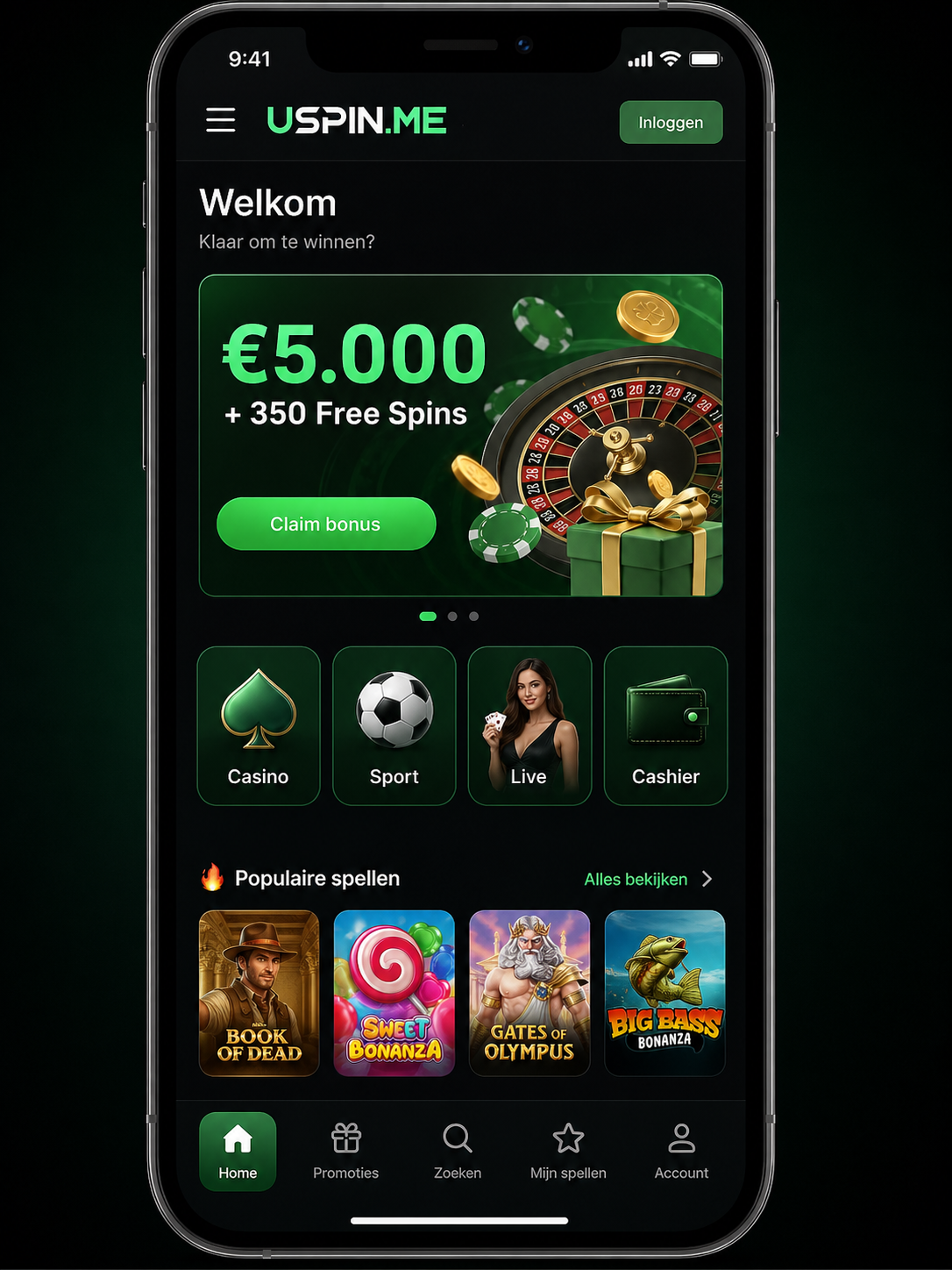 Uspin mobiele interface met bonuskaart en navigatie voor casino, sport en cashier