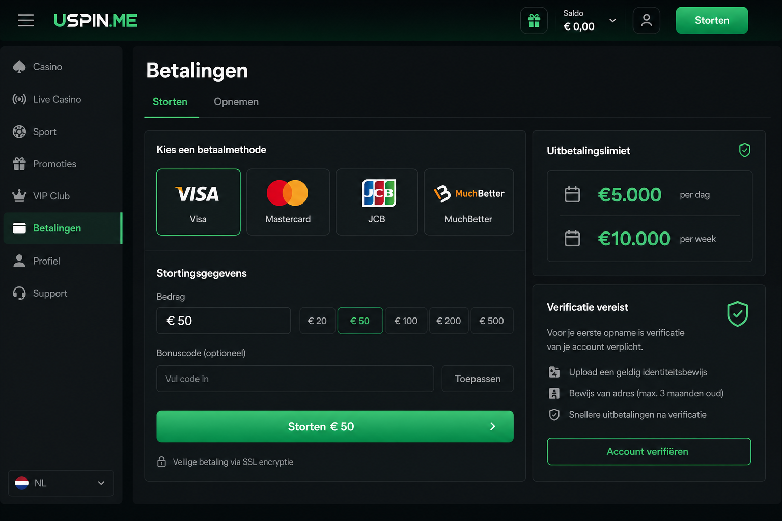 Uspin cashier scherm met betaalmethoden, opnames en uitbetalingslimieten